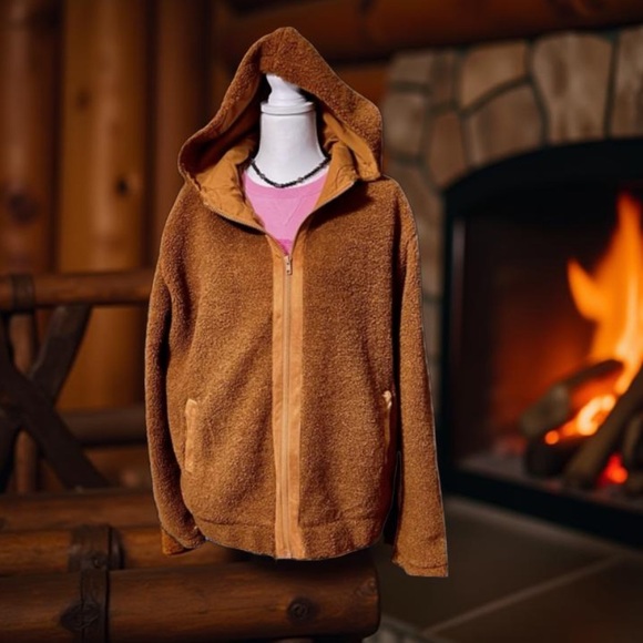 Sherpa Hooded Brown / Fleece Jacket fully lined zip up & pockets NWT Boutique - Picture 10 of 11